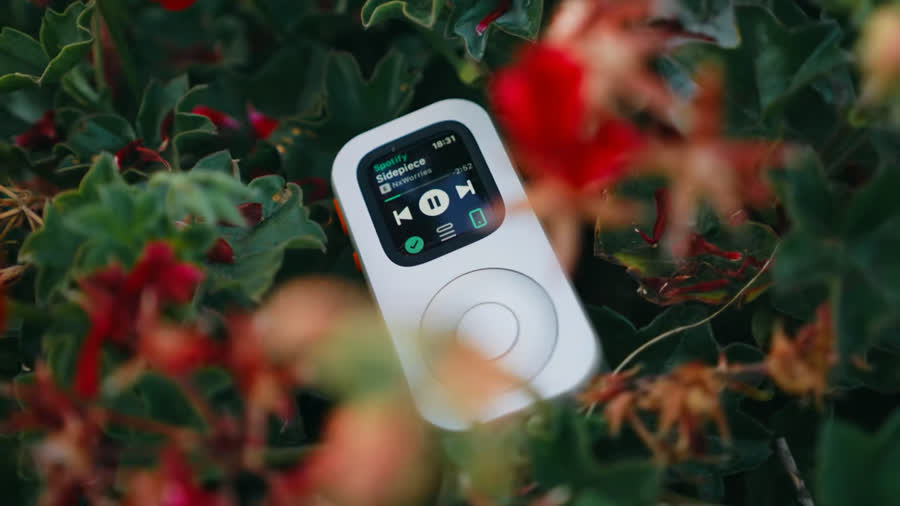 Front-facing RePod C1 displaying music while resting among outdoor plants