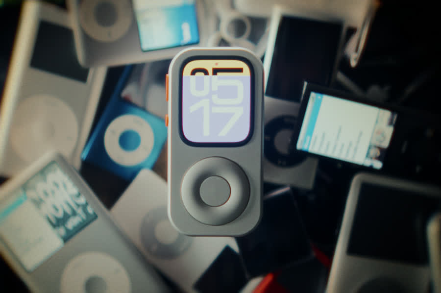 Front-facing silver RePod C1 surrounded by several generations of portable music players
