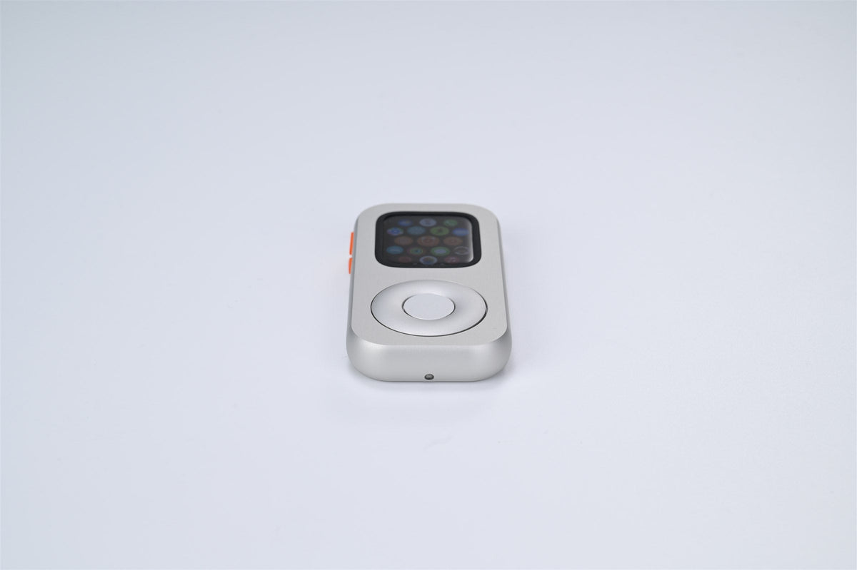 Silver RePod C1 shown from the front with an Apple Watch app grid and scroll wheel visible