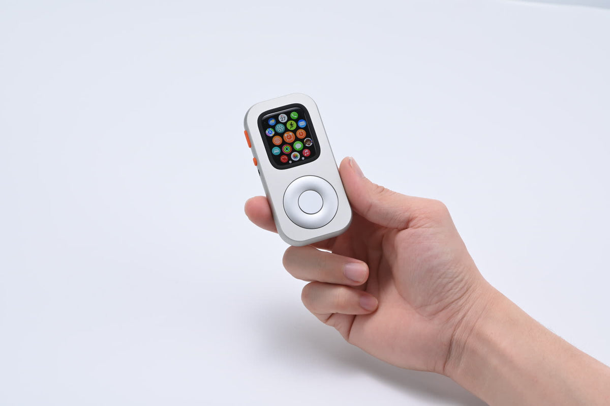 A front-facing RePod held in one hand with the Apple Watch app grid visible
