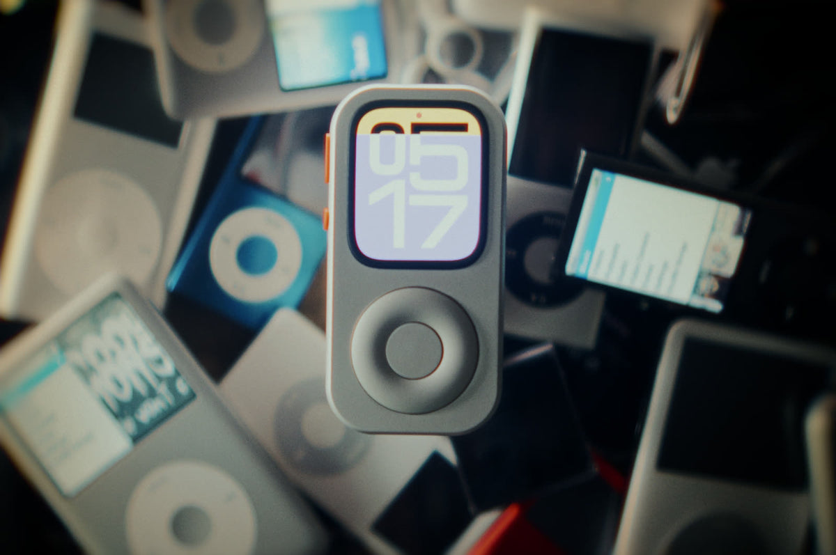 A front-facing RePod displayed among classic personal devices