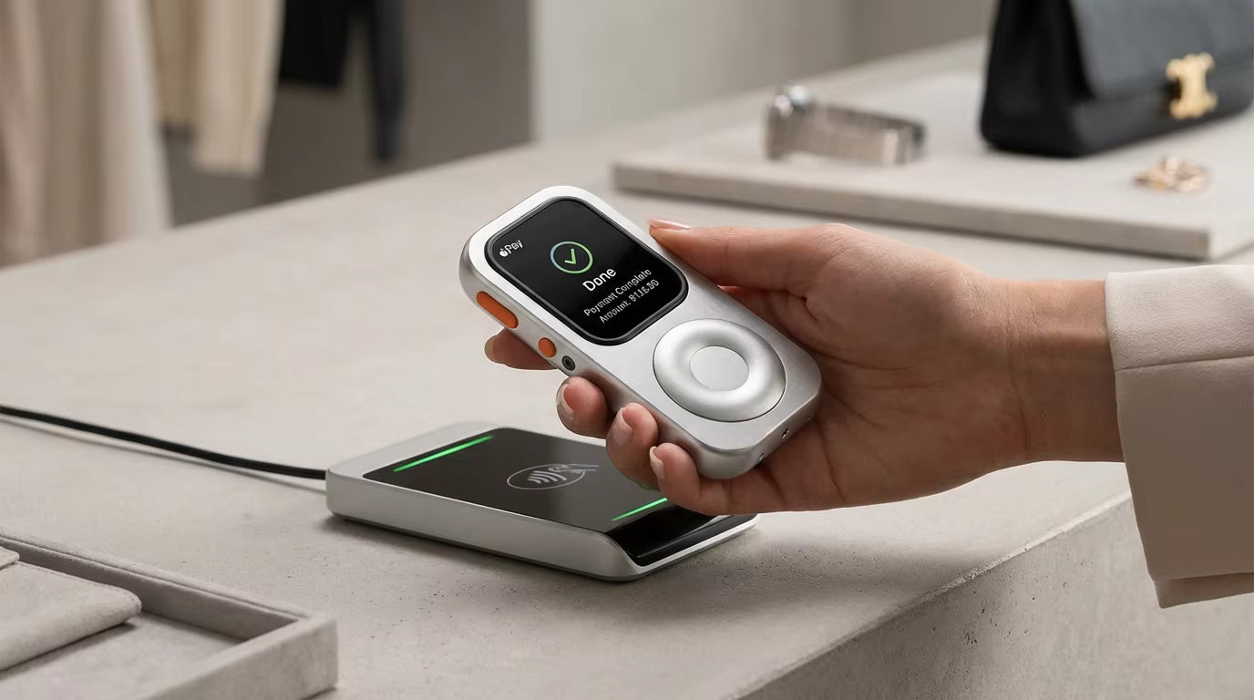 Cafe payment scene with Repod and Apple Watch near a terminal.