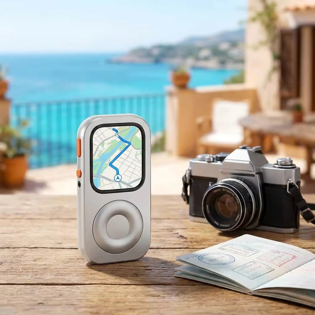 Travel lounge scene with Repod on the wrist, small bag nearby, and cool natural light.